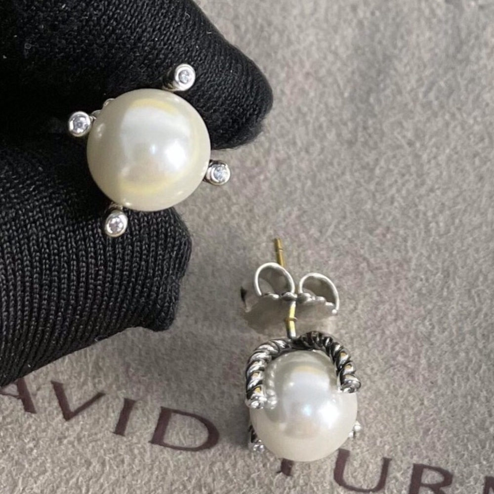 David Yurman White Pearl Stud Earrings with Crystal Accents